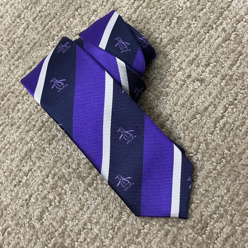 Penguin Purple Black Silk Necktie Repp Stripe Print Narrow Preppy Business